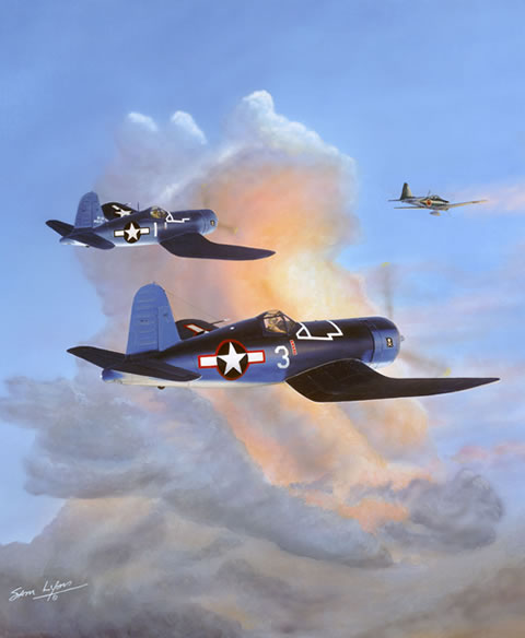 "Chasing the Sun" - Sam Lyons - F-4U Corsair World War II Aviation Art